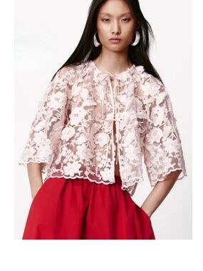 H&M Womens Floral Embroidery Tie Front Cropped Top Size M Coquette Cottage Fairy